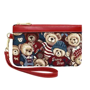 Women's Long Zipper Handbag Large Capacity Portable Wallet Phone & Coin Purse Cute Retro Wrist Strap Travel Storage Bag Cartoon Bear Jacquard Design for Daily Use & Gifting