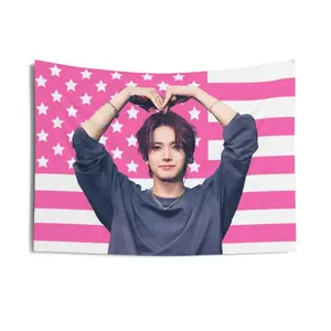 Tapestry 1Pc Heeseung Cute Pink American Flag, Enha Concert Banner, Enha Kpop Flag, Enha Desire Unleash, Enha Walk The Line World Tour (3X5Ft)