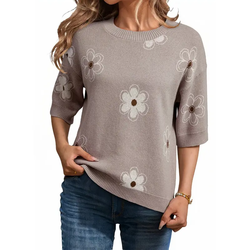 Dokotoo Women's Sweaters Casual Creweck Short Sleeve Cotton Kint Summer Pullover Sweater Tops