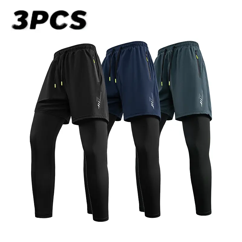 Men’s 2-in-1 workout shorts with pocket; high-stretch compression pants for fitness; breathable sporty bottoms; leggings with elastic waistband
