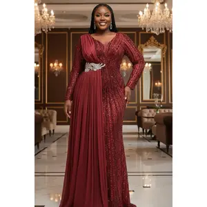Robe de Soirée Bordeaux Paillettes – Haute Élégance Africaine