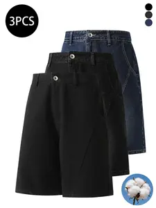 3-pack men’s denim shorts for summer: straight-leg, loose fit, 3D patchwork, mid-thigh length; high cotton content, washed denim; versatile American vintage men’s shorts.