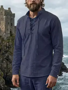 Men's Spring Autumn Linen Stand Collar Shirt, Lightweight Breathable Loose Fit, Drawstring Neckline, Plain Color, Casual Fashion Daily Wear