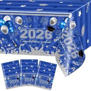 3 pcs Graduation Tablecloths 108x54 inch Graduation Table Cloths Class of 2026 Blue and Silver Tablecover Decorations Grad Plastic Tablecloth
