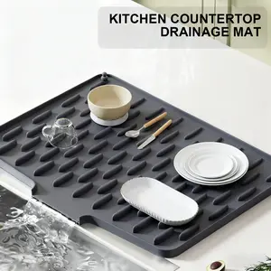 Extra Large Silicone Dish Drying Mat, Food-Grade Silicone, Built-in Drain, Sloped Design, Heat-Resistant, Non-Slip Kitchen Counter Mat