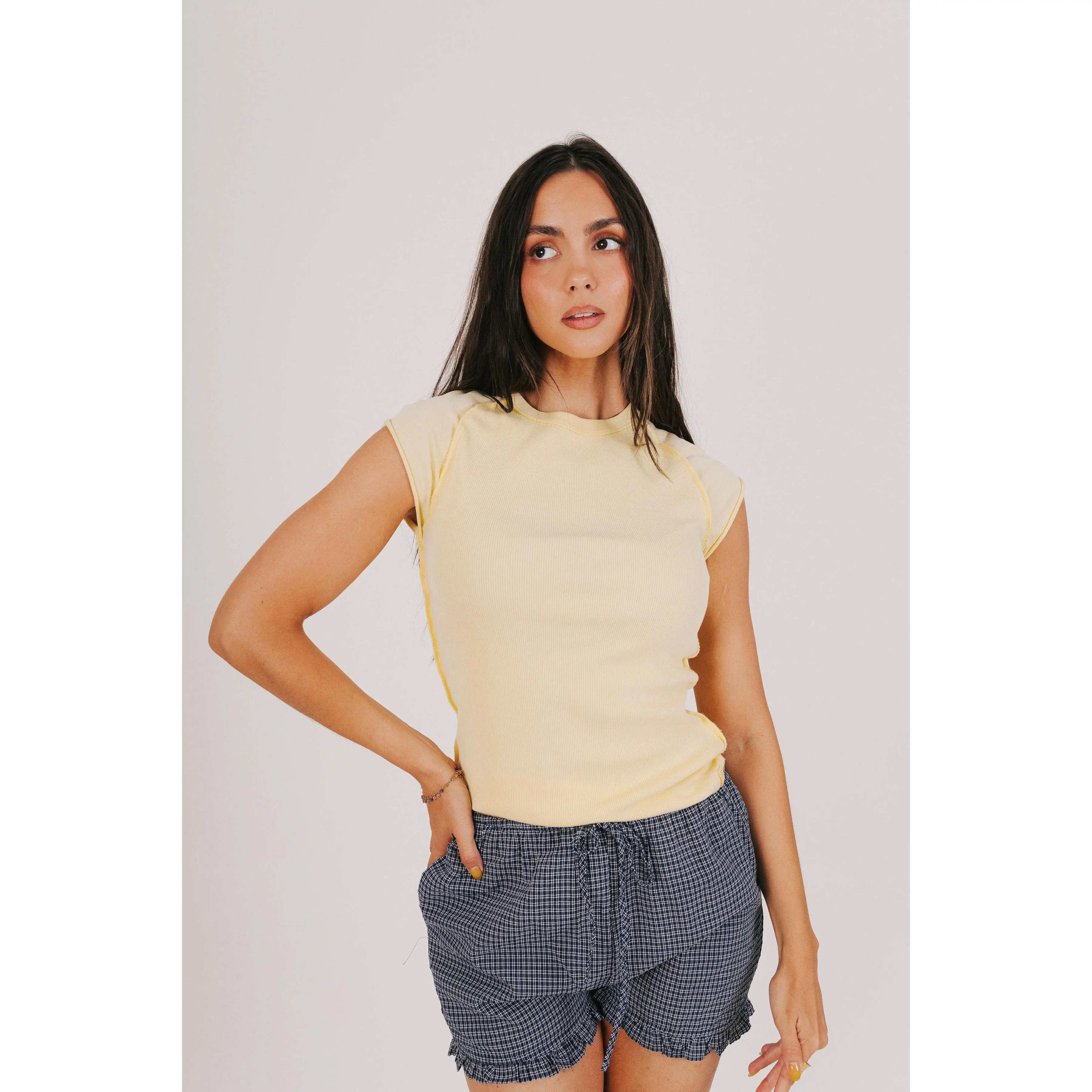 Free People Ever Had Tee - Women's Streetwear Vintage Casual Ribbed Slim-Fitting Cap Sleeve Shirt, Raw Hemline, 6 Hues, Perfect for Pairing with Jeans, Cotton, Round Neck, Top, Basic, Tshirt