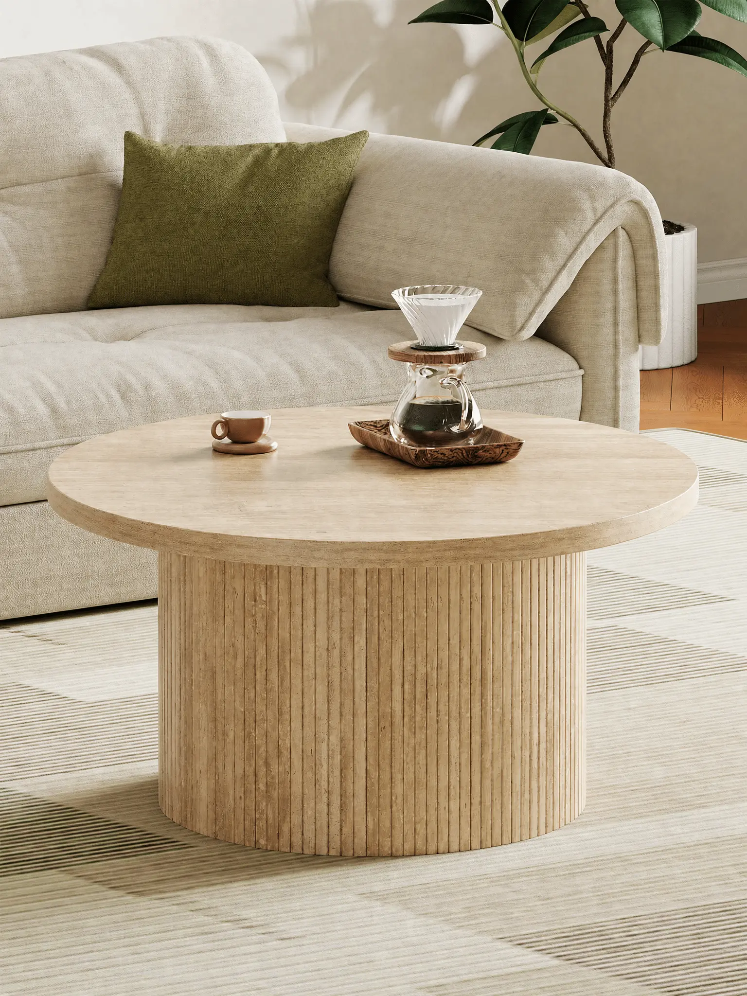 【SummerFinds】ONBRILL 31.5" Gorgeous Fluted Coffee Table, Round Mid Century Coffee Tables for Living Room, Cute Modern Wood Coffee Table, Drum Accent Small Center Table, Bedroom Furniture, Gift SummerFinds