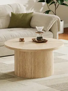 【SummerGarden】ONBRILL 31.5" Gorgeous Fluted Coffee Table, Round Mid Century Coffee Tables for Living Room, Cute Modern Wood Coffee Table, Drum Accent Small Center Table, Bedroom Furniture, Gift summergarden