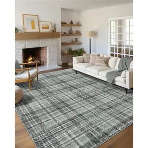 Modern Plaid Washable Rug 8 x 10 Rug for Living Room Soft Farmhouse Tartan Area Rug for Bedroom Non Shedding Non Slip Throw Rugs Stain Resistant Carpet for Nursery Office 8'x10' Greenish Grey