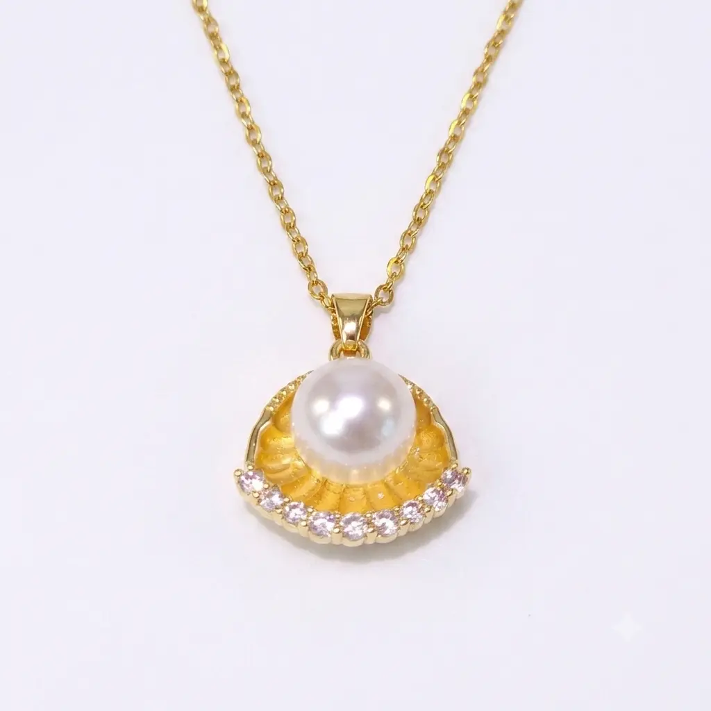 Golden Oyster Pearl Pendant Necklace | CZ Seashell Statement Charm