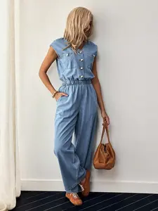 Women's Casual Fashion V-Neck Button Up Denim Jumpsuit