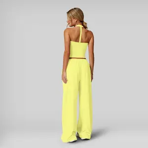 Women's Summervibes Casual V-neck Top and Wide-leg Pants Set, Women's Vacation and Travel Outfit, Comfortable Sporty Casual Wear, Yoga Set, Casual Loose Pants, Basic Set, long pant suit Vneck Minimalist Outdoor Fun Breathable Loungewear Set Womenswear