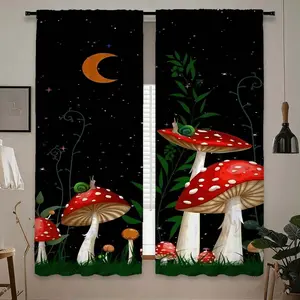 2pcs Creative Cartoon Mushroom Star Moon Print Curtains, Blackout Blinds, Polyester Fiber, Kitchen Bedroom Office Living Room Decor