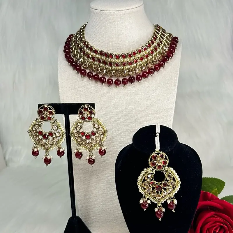 Desi Polki Necklace with Earrings and Tikka - Elegant Design for Any Occasion