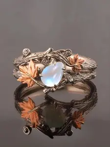 Elegant Maple Leaf Double Ring Set, Adorned with Blue Stones, Rose Plated, Vintage Zinc Alloy Craftsmanship, All Season Wear, Double Layered Ring, Promise Ring Set