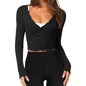 Women's Tie Front Wrap Tops Long Sleeve Bolero Shrugs Crop Cardigan Yoga Ballet Cover Up Tops Pilates Outfits