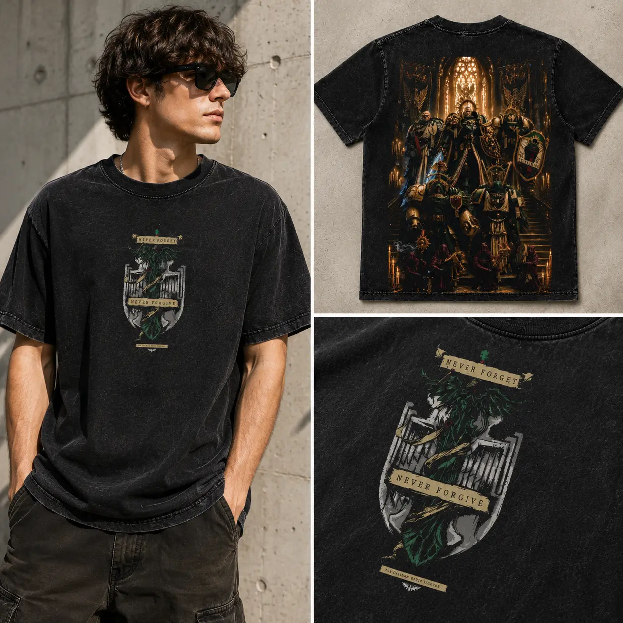 Men's Oversized Washed Black Short-Sleeve Ribbed Smooth Graphic T-Shirt - Gothic Sci-Fi Armored Warriors Back Print, Casual Streetwear Tops Garment, Shortsleeve