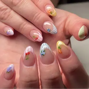 A24 Soft Fruit Mix Press-On Nails, Pastel French Tip with Mini Fruit Art, Minimal Cute Look, Gift for Her