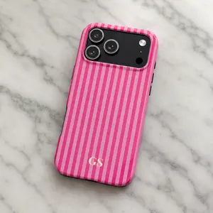 Customized Pink Striped Plastic-TPU MagSafe Magnetic iPhone Case - Personalized Monogram, Vintage Luxury, Shockproof Anti-Drop, Festive Bow, Wireless Charging Compatible, Preppy Coastal Aesthetic Cover For iPhone 17,16,15,14,13,12,11