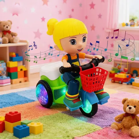Latex-Free Unisex Plastic Electric Tricycle - Cartoon Stunt Vehicle with Music, Educational Toys for Boys 3-4 Years, Cool Birthday/Christmas Kids' Gift