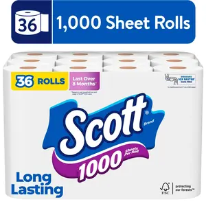 Scott 1000 Toilet Paper 36 Rolls 1000 Sheets Long Lasting Clog-Free FSC Certified Sustainable Kitchen Wipes