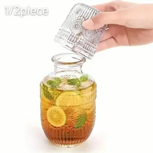 Viral Trending Aesthetic Large Capacity Vintage Embossed Glass Bedside Carafe Tumbler Set Hotel Style Thickened Explosion Proof Heat Resistant Water Pitcher with Dustproof Inverted Cup Luxury Drinkware for Bedroom Nightstand Living Room Great Gift for Her