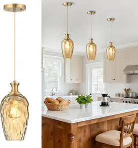 Glass Pendant Lights Kitchen Island, 1-Light Gold Pendant Light Fixtures with Hammered Amber Glass Vintage Hanging Light for Kitchen Sink Dining Room Bedroom