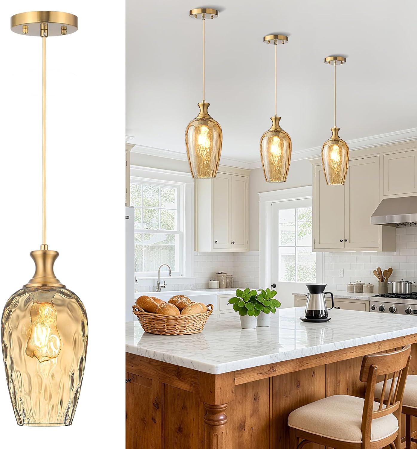 Glass Pendant Lights Kitchen Island, 1-Light Gold Pendant Light Fixtures with Hammered Amber Glass Vintage Hanging Light for Kitchen Sink Dining Room Bedroom
