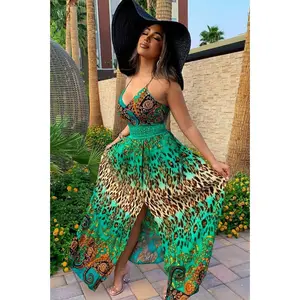 Holy Slit Sleeveless Maxi Dress - Green/combo Q