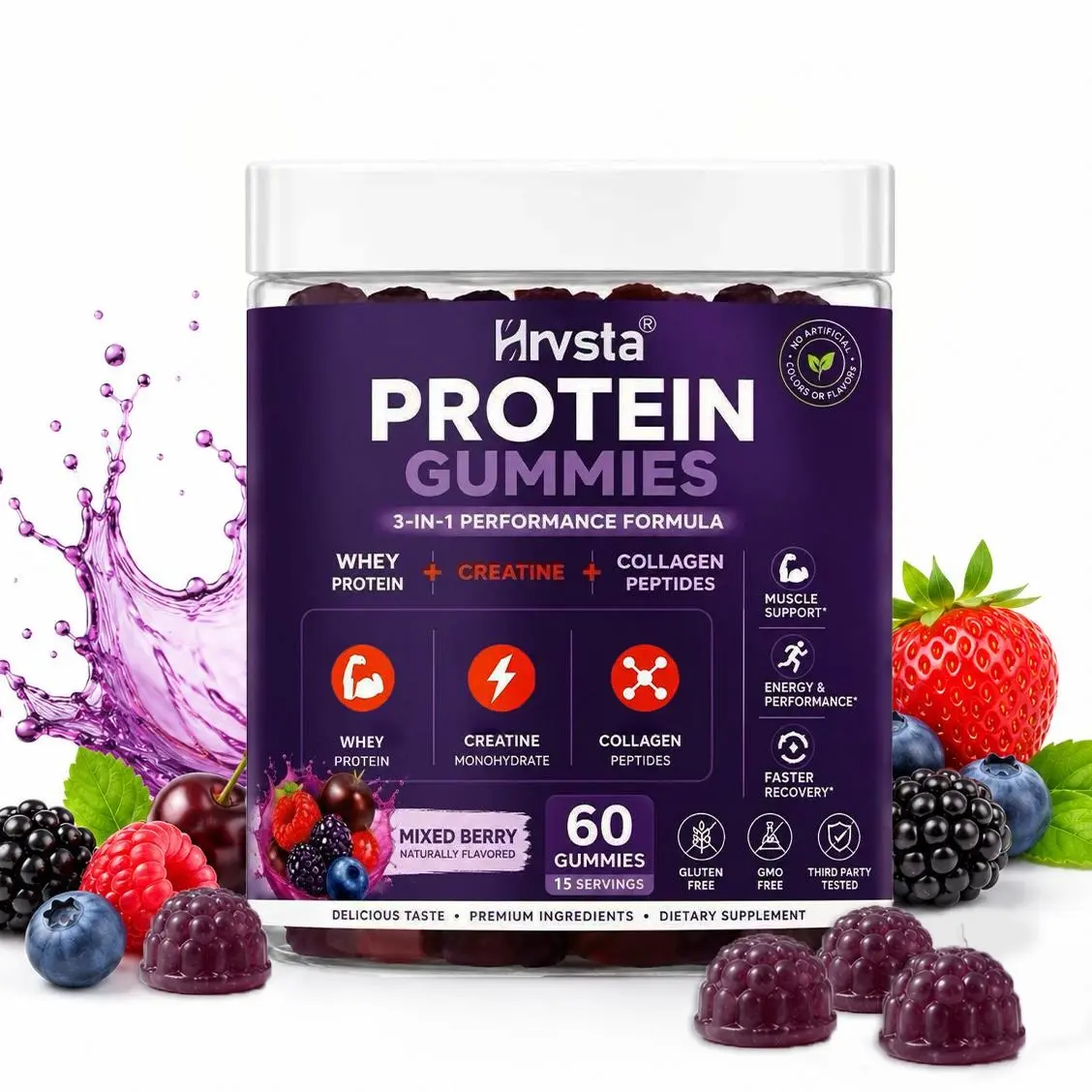 3-in-1 Protein Gummies | Whey Protein + Creatine + Collagen | Mixed Berry Flavor | 60 Gummies | For Men & Women