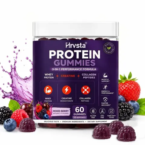 Hrvsta 3-in-1 Creatine Gummies, Whey Protein-Collagen Blend Supplement, Mixed Berry Flavor, 60 Pieces, Muscle Support for Men & Women