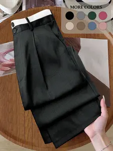 Women's Petite Contrast Waist Trousers High Waisted Straight Leg Fit Pants Pleated Dress Pants Elegant Office Workwear Corporate Core Old Money Aesthetic Trendy