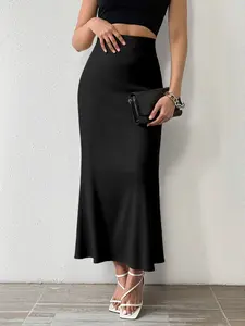 French Knit High Waist Midi Skirt, Smooth Drape Fabric, Office Wear Appropriate, Romantic Date, All Seasons Slim Fit Casual Style