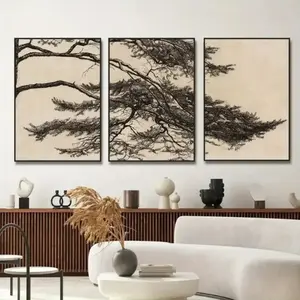 3-Piece Optional Wooden Frame Vintage Pine Tree Branch Botanical Art Poster High Grammage Moisture-proof Micro-spray Flat Surface No Color Difference Home Wall Decor