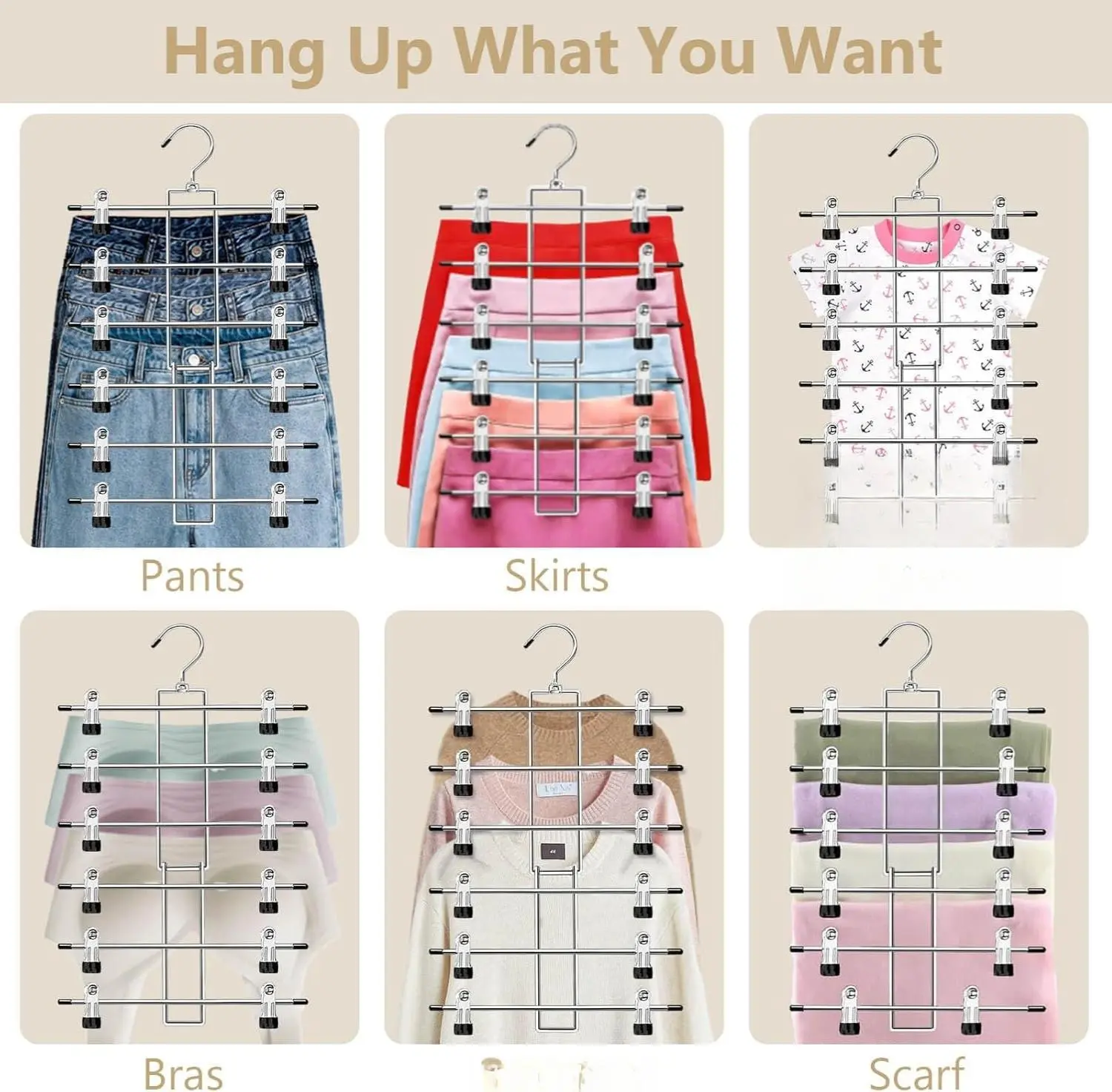 4-Pack Multi-Tier Pants Hangers with Clips – 6-Layer Space-Saving Closet Organizer with 360° Swivel Hook – Vertical Clothes Hanger for Skirts, Trousers, Dorms & Small Wardrobes Adjustable