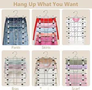 4-Pack Multi-Tier Pants Hangers with Clips – 6-Layer Space-Saving Closet Organizer with 360° Swivel Hook – Vertical Clothes Hanger for Skirts, Trousers, Dorms & Small Wardrobes Adjustable