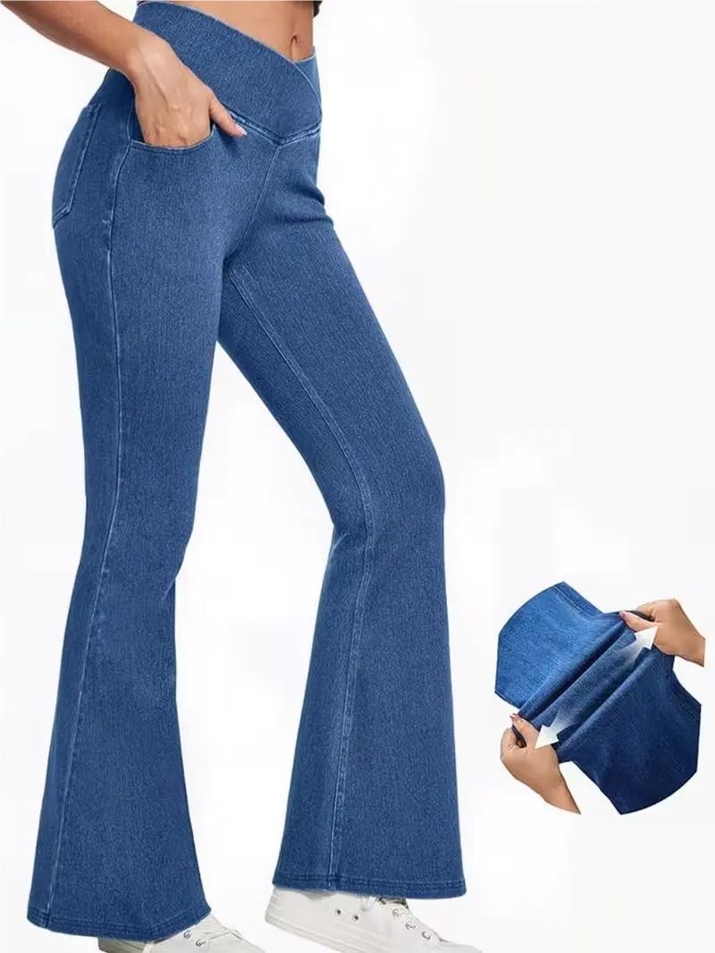 Flared Jeans for Women, High Cross V-Waist Stretch Denim Pants with a Butt Lifting Slimming Fit, Sporty Chic Outdoor Style,travel essentials,camping essentials, Bottom