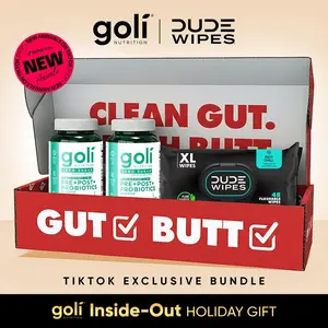 Clean Gut, Fresh Butt Holiday Gift: 2 Bottles of Goli Zero Sugar Pre-Post-Probiotic Gummies & Dude Wipes Mint Chill. Gluten-Free, Vegan, Non-GMO, and Gelatin-Free.