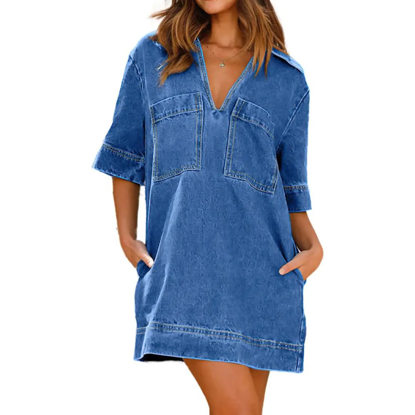 Chouyatou Women's Summer Loose Fit V-Neck Sexy Mini Denim Dress Cute Jean Tunic Dress with Pockets - TikTok Shop Chouyatou Women's Summer Loose Fit V-Neck Sexy Mini Denim Dress Cute Jean Tunic Dress with Pockets - TikTok Shop