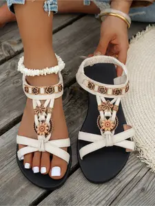 Bohemian Style Women Sandals Flat with Ankle Strap Buckle Elastic Band Open Toe Summer Casual Footwear Decor