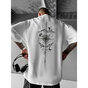 Men's Regular Fit Compass & Mountain Print Round Neck Tee, Street Fashion Casual Short Sleeve T-shirt for Daily Wear, Menswear for Summer, Top