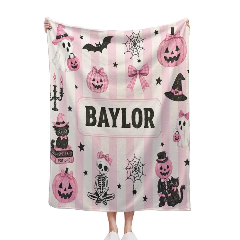 Personalized Halloween Fleece Throw Blanket - Custom Name, 30x40 in, Pink Coquette Ghost Print, Pumpkin Ghost Pattern, Black Cat, Flannel, Retro Look, Spooky Print, Bed Use, Spooky Gift, Ghost Print Blankets