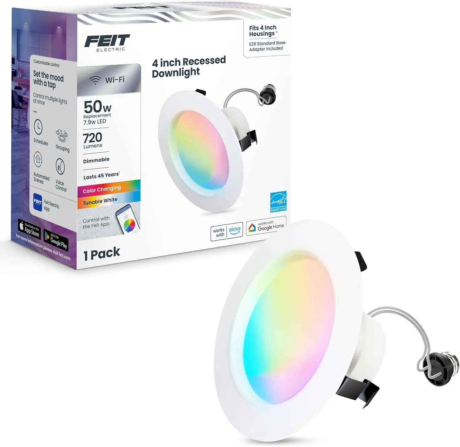 4 Inch Smart Recessed Light - 2.4 GHz Wi-Fi Retrofit LED Downlight (E26 Base), Smart Home Recessed Lighting, 50W Equivalent, CRI90, RGBW/LEDR4/AG, Color Changing, Tunable White, Dimmable, No Hub, Works with Alexa & Google, 720 Lumens, 100% Mercury Free, I