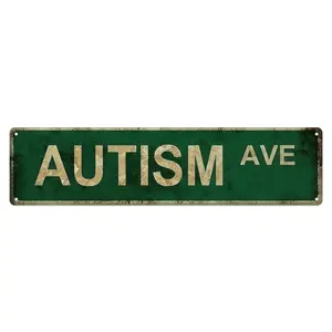 Vintage "Autism Ave" Tin Sign 4" x 16" Distressed Green and White Wall Decor for Home Bar Cafe Garage Country Street Style Rustic Farmhouse Design