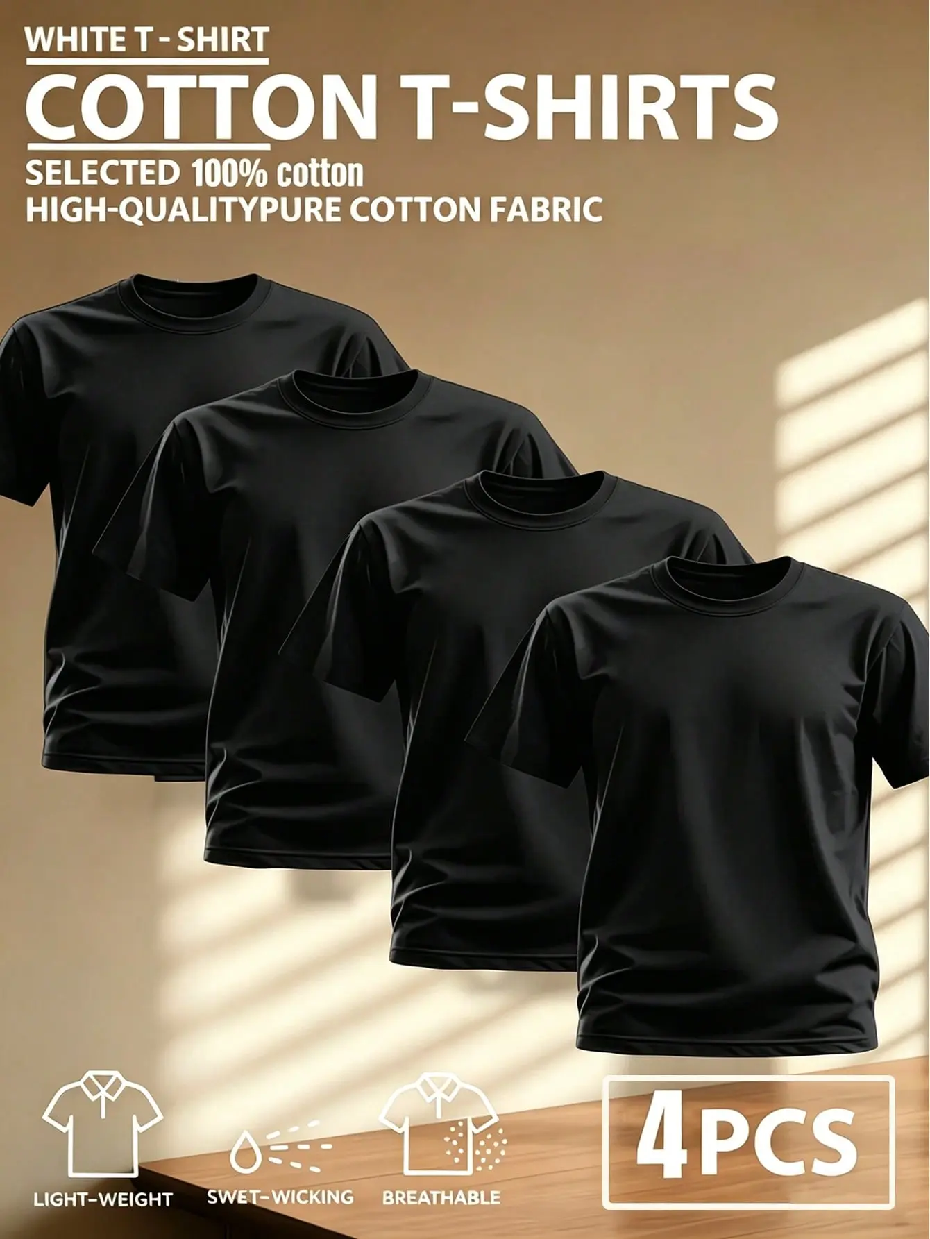 4pcs/set, 100% high-quality pure cotton men’s round-neck t-shirt. Made from carefully selected fabric, it provides softness, comfort, durability, and stylish everyday looks. Suitable for fitness, outdoor activities, and casual wear all year round.