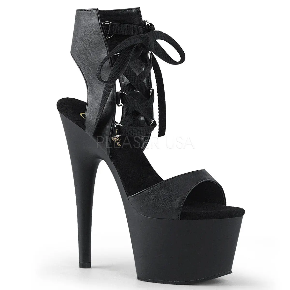 Women's Black Lace-Up Platform Heels, Sexy Faux Leather Stiletto Sandals with a 7-Inch High Heel, Statement Shoes for Performers