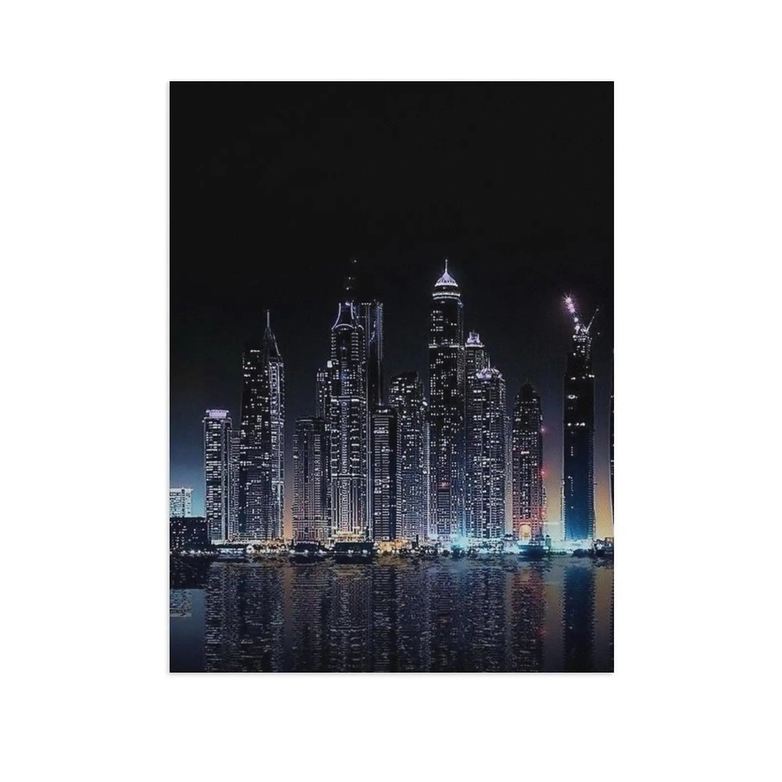 Dramatic Night Cityscape Canvas Wall Art Illuminated Skyscrapers with Water Reflection Modern Urban Luxury Decor Unframed Print for Living Room
