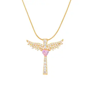 Maison Foufou Supergirl Pink Power Clavicular Bling clavicular Necklace - Golden Sparkling Zirconia, Heart & Wings Design, Feminine Power Aesthetic y2k Jewelry, Perfect for Soft Girl & Daily Looks, Bling Necklaces, Clavicular Necklaces