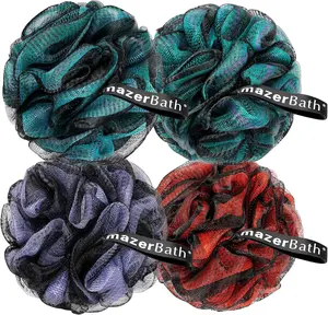 Charcoal Loofah Sponge, Shower Loofah 60g/PCS - Body Scrubber Loofa Set of 4 - Charcoal Blue, Green, Purple & Red, Bath Sponge for Men and Women