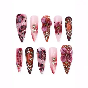Long Coffin Ombre Burgundy Floral Press-On Nails — 3D Blossoms & Gold Swirl Details RK33